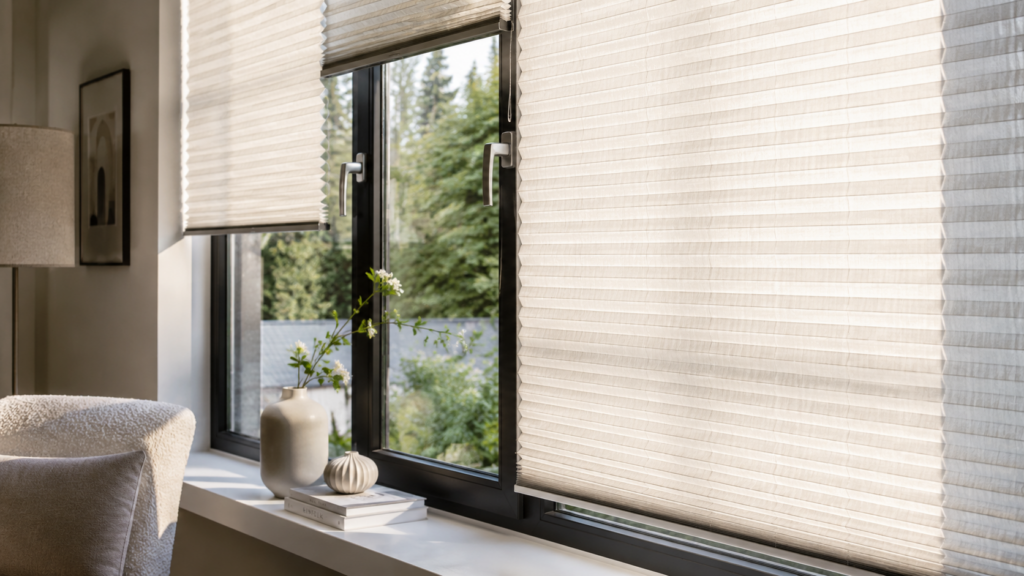 Maßgefertigte Plissees an einem modernen Fenster sorgen für Sichtschutz und regulieren den Lichteinfall.